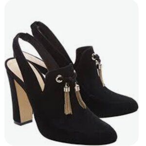 Schutz Rafela Black Kid Suede High Heel Slingback Oxford Fringe Pumps. Size 6.5